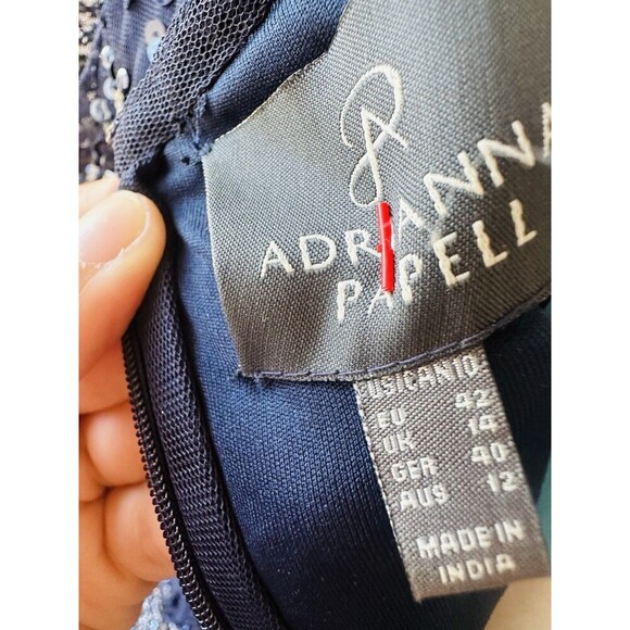 ADRIANNA PAPELL Prom SZ 10 Cap Sl Dress Sequin Navy Blue Beaded Gown Sleeve $229 - Picture 11 of 11
